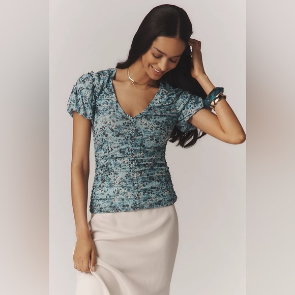 Anthropologie Short-Sleeve Shirred Mesh Top NWT , sz : medium - Picture 2 of 10